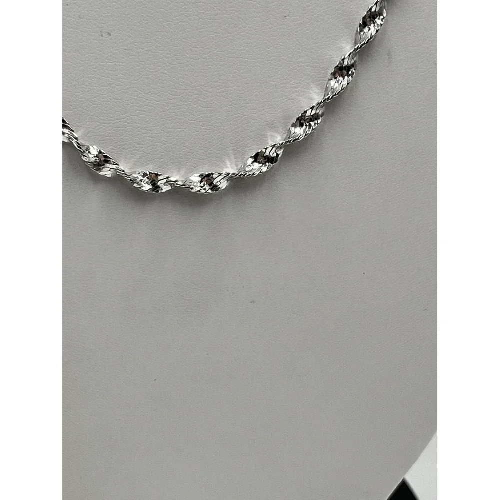 Solid Sterling Silver 925 Italian Twisted Sparkle‎ Chain Necklace Rhodium 17.5